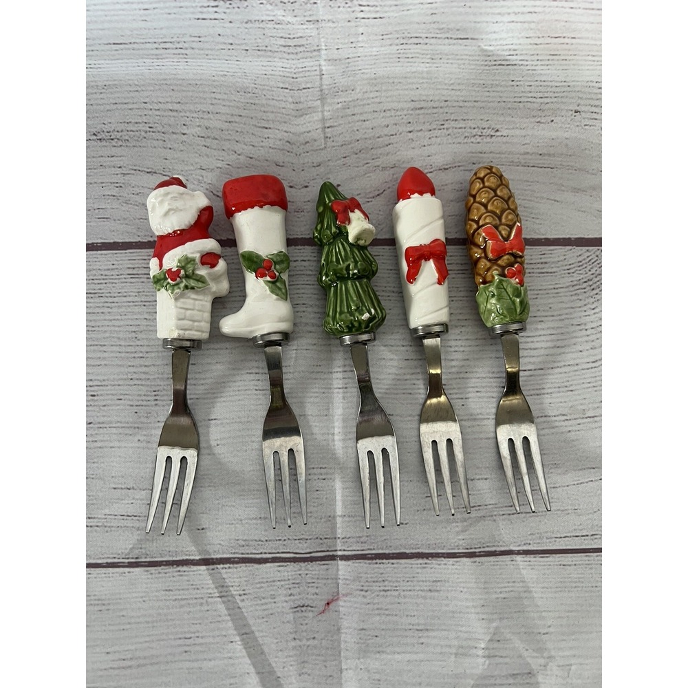 5 Cheese Hors D'oeuvre Dessert Forks Christmas Santa Tree Stocking Candle